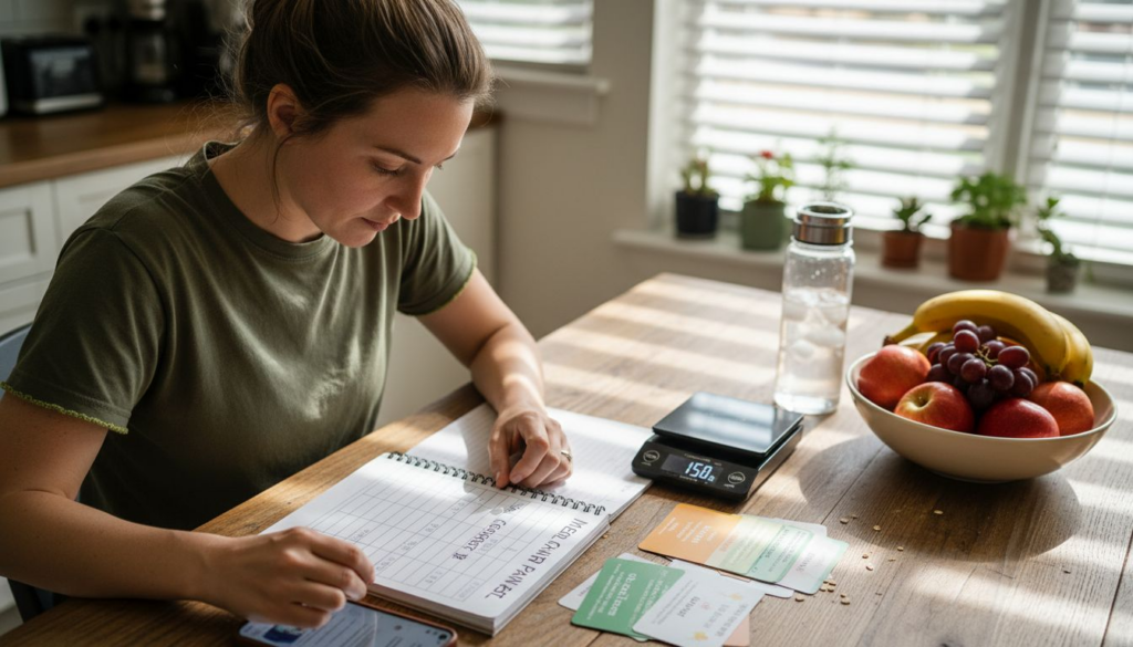 Woman meal planning at home kitchen table