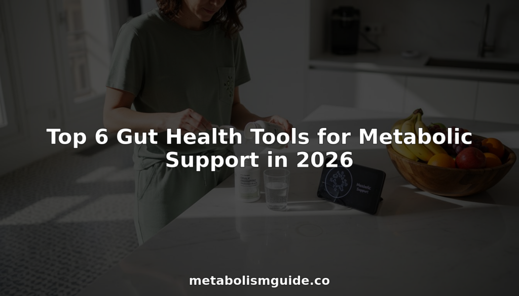 Woman using gut health tools at kitchen island