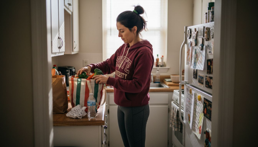 Woman unpacking groceries in home kitchen